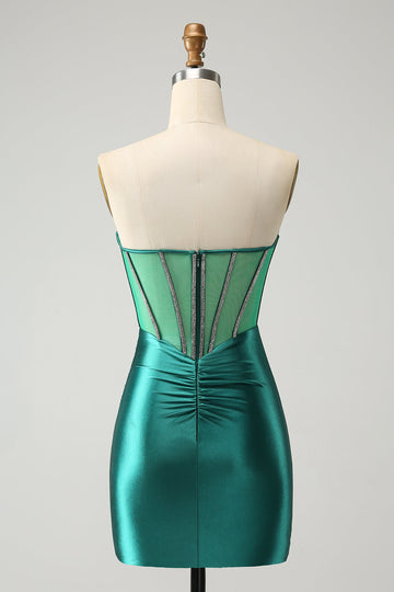Vestido de cóctel ajustado de novia con corsé y purpurina verde oscuro con cuentas